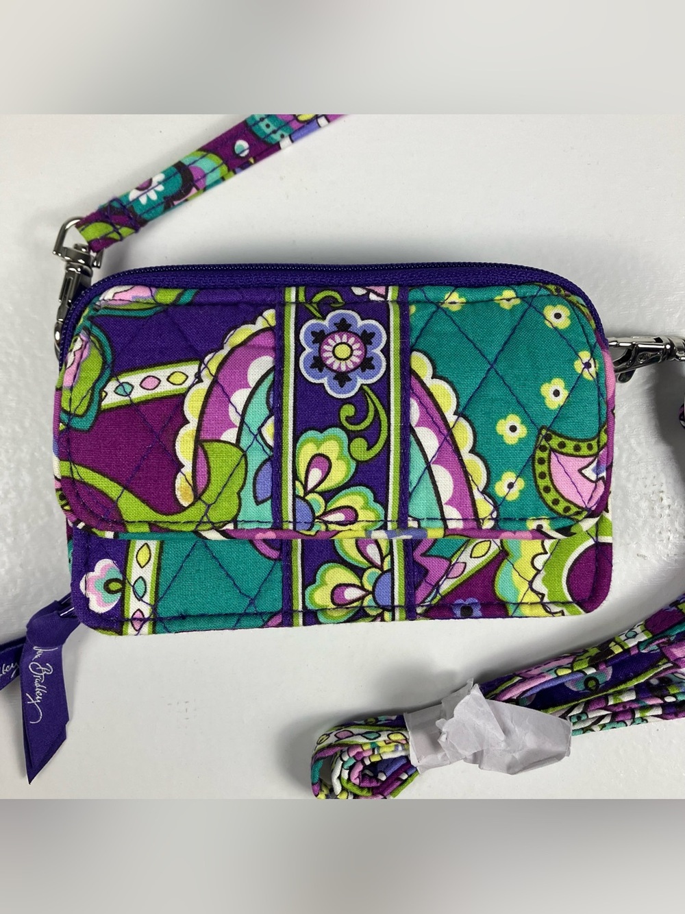 Vera Bradley Heather Paisley All in One Crossbody Wristlet Wallet Purple Teal